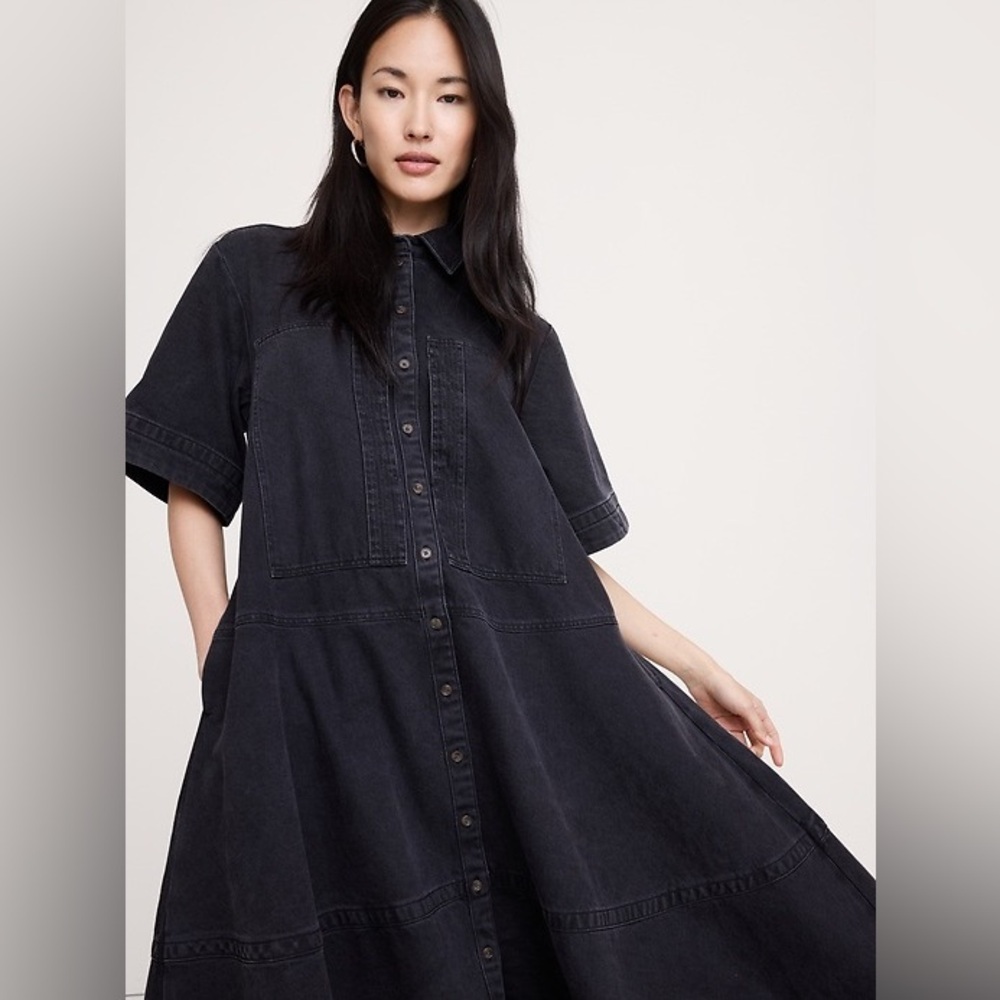 NWT! Banana Republic Black Wash Denim Trapeze Maxi Shirt Dress - Size Large - Picture 3 of 9